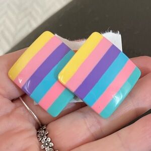1980s Striped Square Stud Earrings: Retro Kitsch Glam